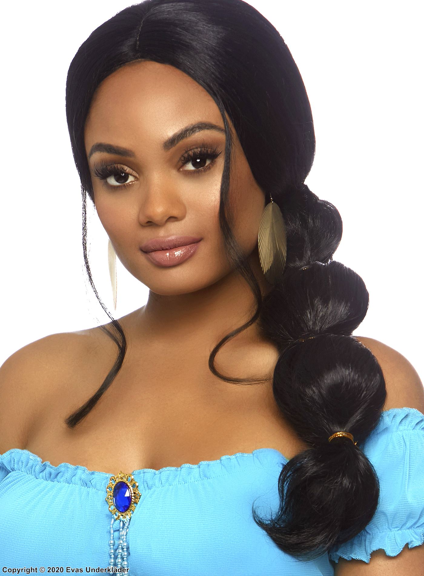 Prinsessan Jasmine från Aladdin, lång peruk med bubblig hästsvans